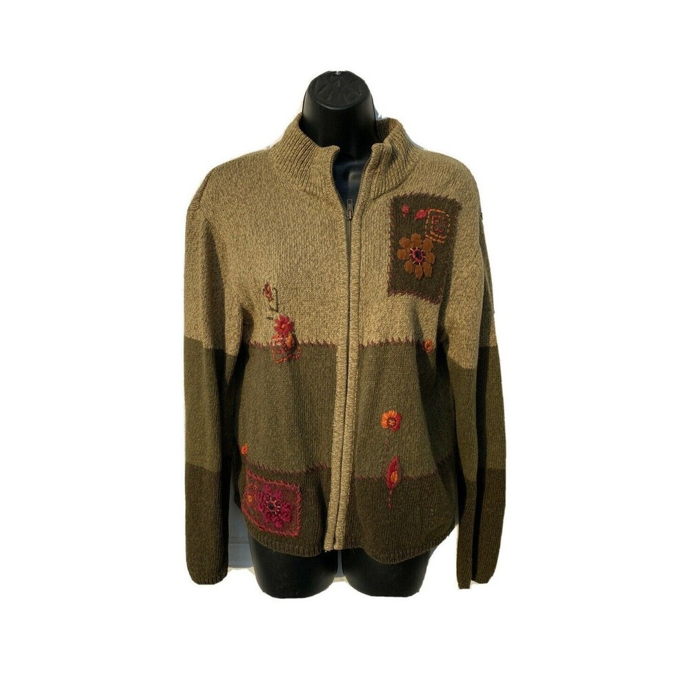 Erika & Co. Cardigan Sweater Green Fall Color Block Vintage Small Zip Front